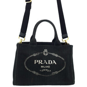 Prada Canapa Tote canvas handbag top handles 2way Black